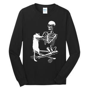 Skeleton Holding A Cat Lazy Halloween Costume Skull Tall Long Sleeve T-Shirt