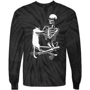 Skeleton Holding A Cat Lazy Halloween Costume Skull Tie-Dye Long Sleeve Shirt