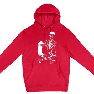 Skeleton Holding A Cat Lazy Halloween Costume Skull Premium Pullover Hoodie