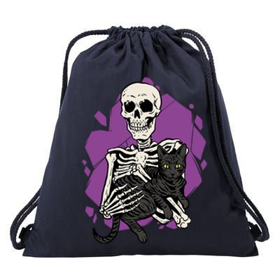 Skeleton Holding A Black Cat Lazy Halloween Costume Skull Drawstring Bag