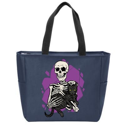 Skeleton Holding A Black Cat Lazy Halloween Costume Skull Zip Tote Bag