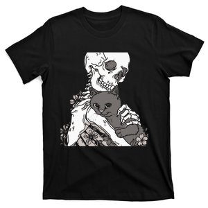 Skeleton Holding A Cat Lazy Halloween Costume Skull T-Shirt