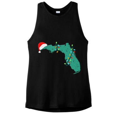 Santa Hat And Lights State Outline Christmas In Florida Ladies PosiCharge Tri-Blend Wicking Tank