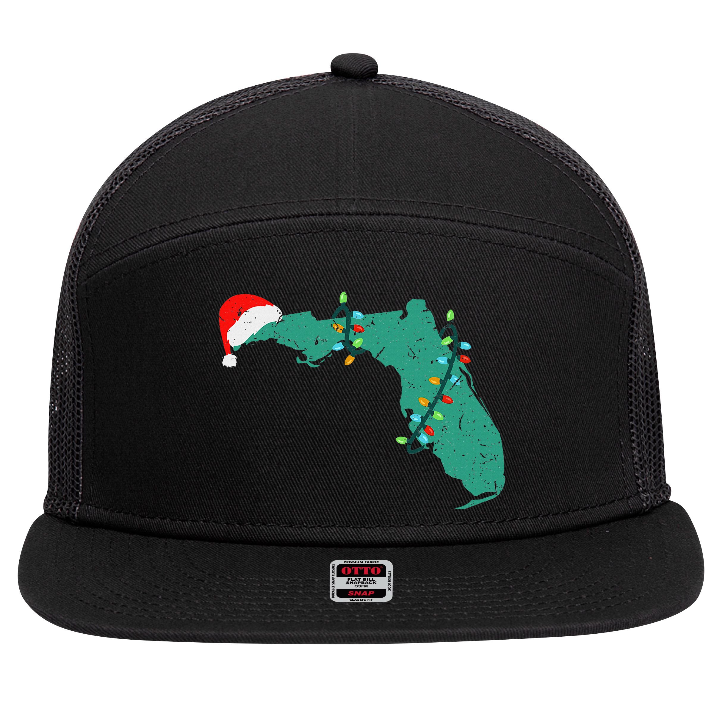 Santa Hat And Lights State Outline Christmas In Florida 7 Panel Mesh Trucker Snapback Hat
