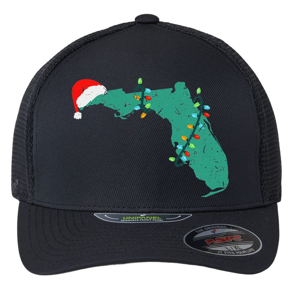 Santa Hat And Lights State Outline Christmas In Florida Flexfit Unipanel Trucker Cap
