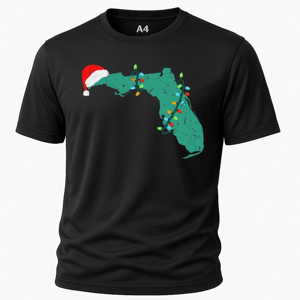 Santa Hat And Lights State Outline Christmas In Florida Cooling Performance Crew T-Shirt