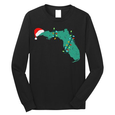 Santa Hat And Lights State Outline Christmas In Florida Long Sleeve Shirt