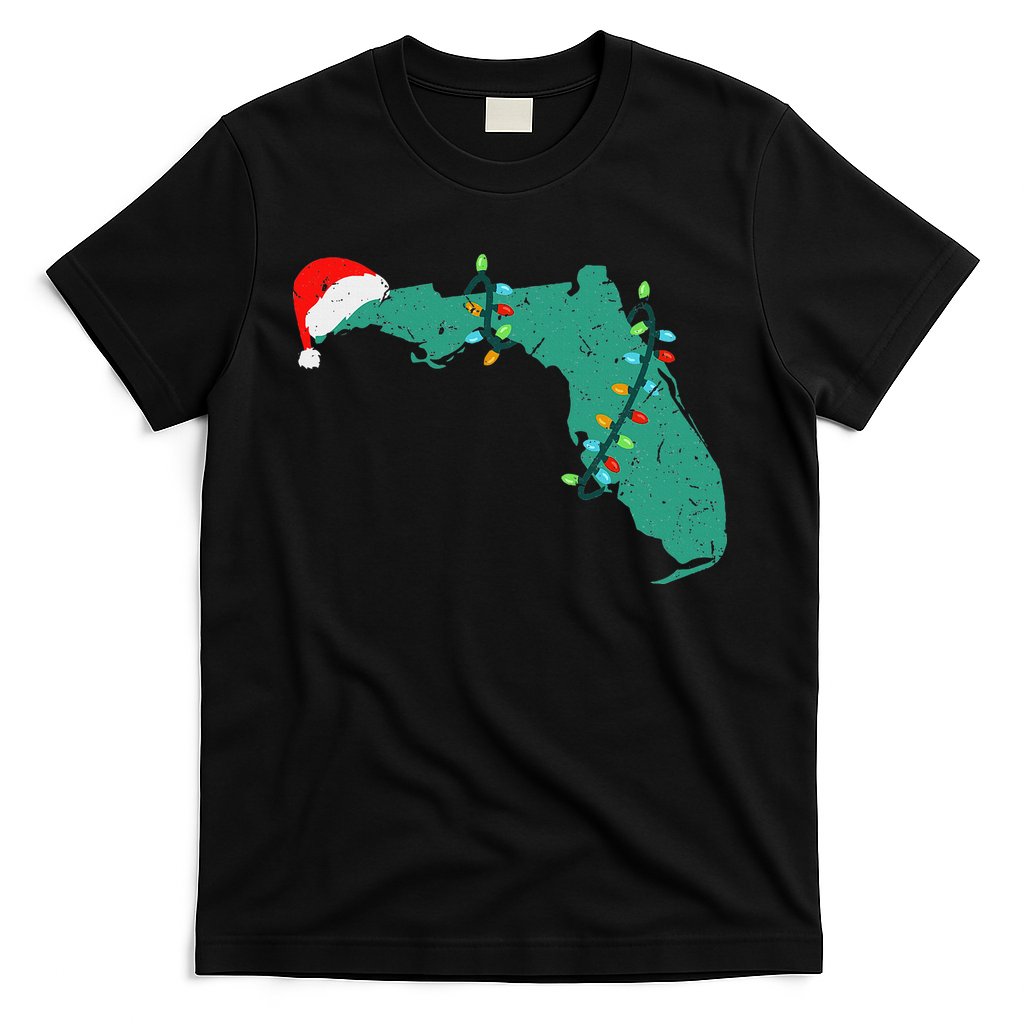 Santa Hat And Lights State Outline Christmas In Florida T-Shirt
