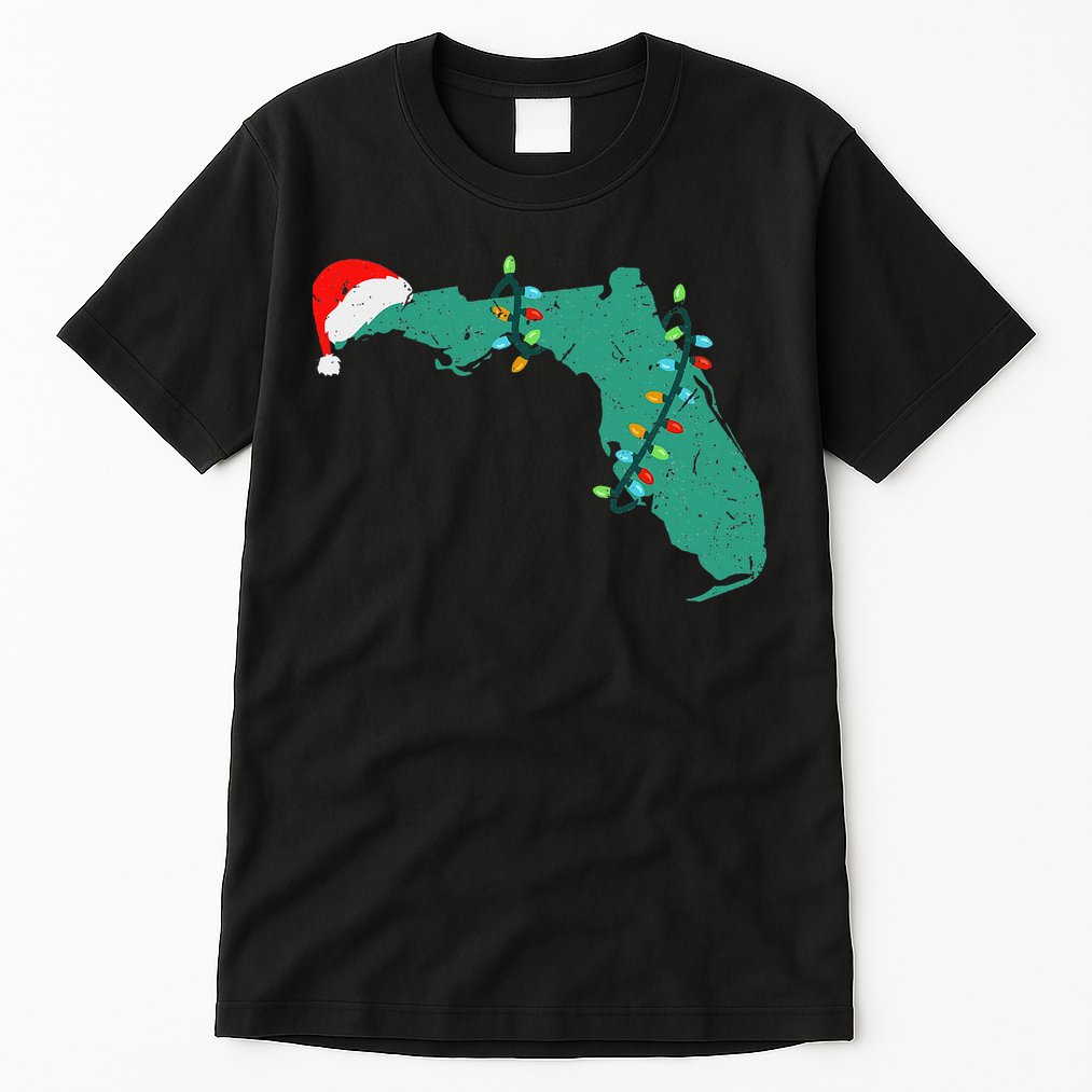 Santa Hat And Lights State Outline Christmas In Florida Tall T-Shirt