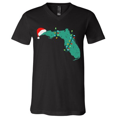 Santa Hat And Lights State Outline Christmas In Florida V-Neck T-Shirt