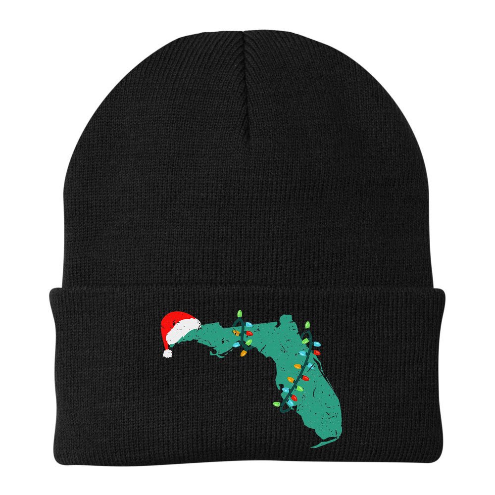 Santa Hat And Lights State Outline Christmas In Florida Beanie