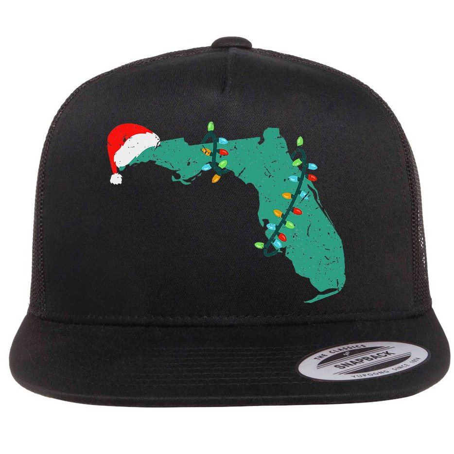 Santa Hat And Lights State Outline Christmas In Florida Flat Bill Trucker Hat
