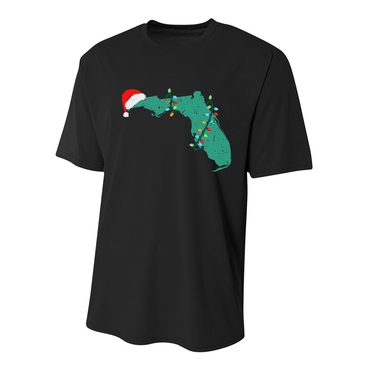 Santa Hat And Lights State Outline Christmas In Florida Youth Performance Sprint T-Shirt