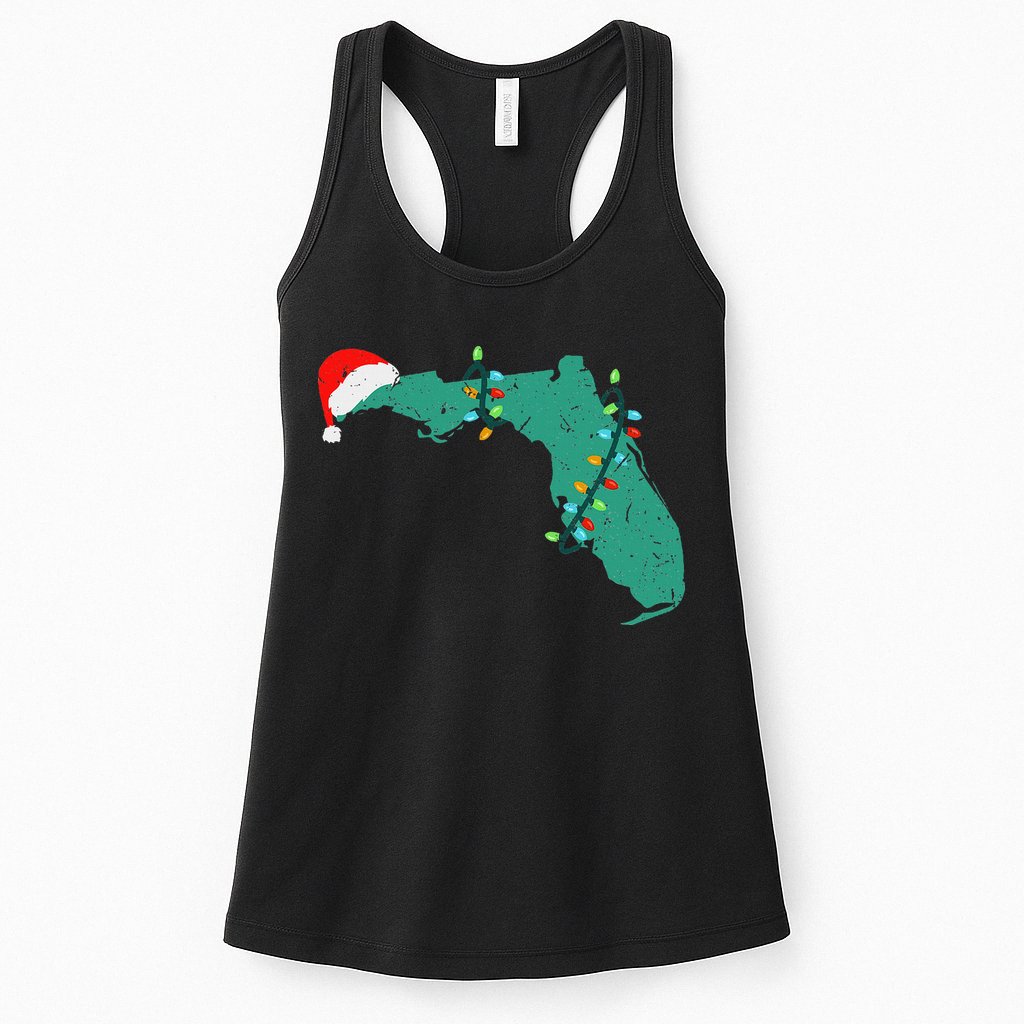 Santa Hat And Lights State Outline Christmas In Florida Womens Tank Top