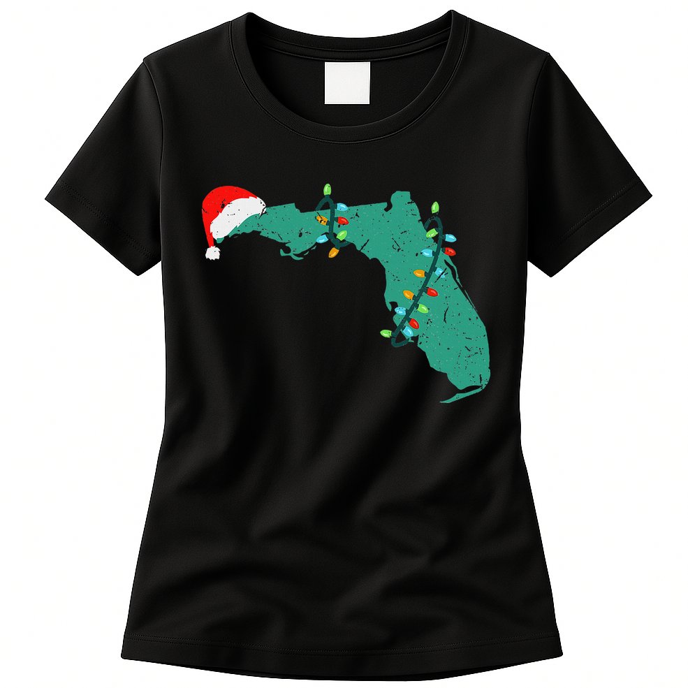 Santa Hat And Lights State Outline Christmas In Florida Womens T-Shirt