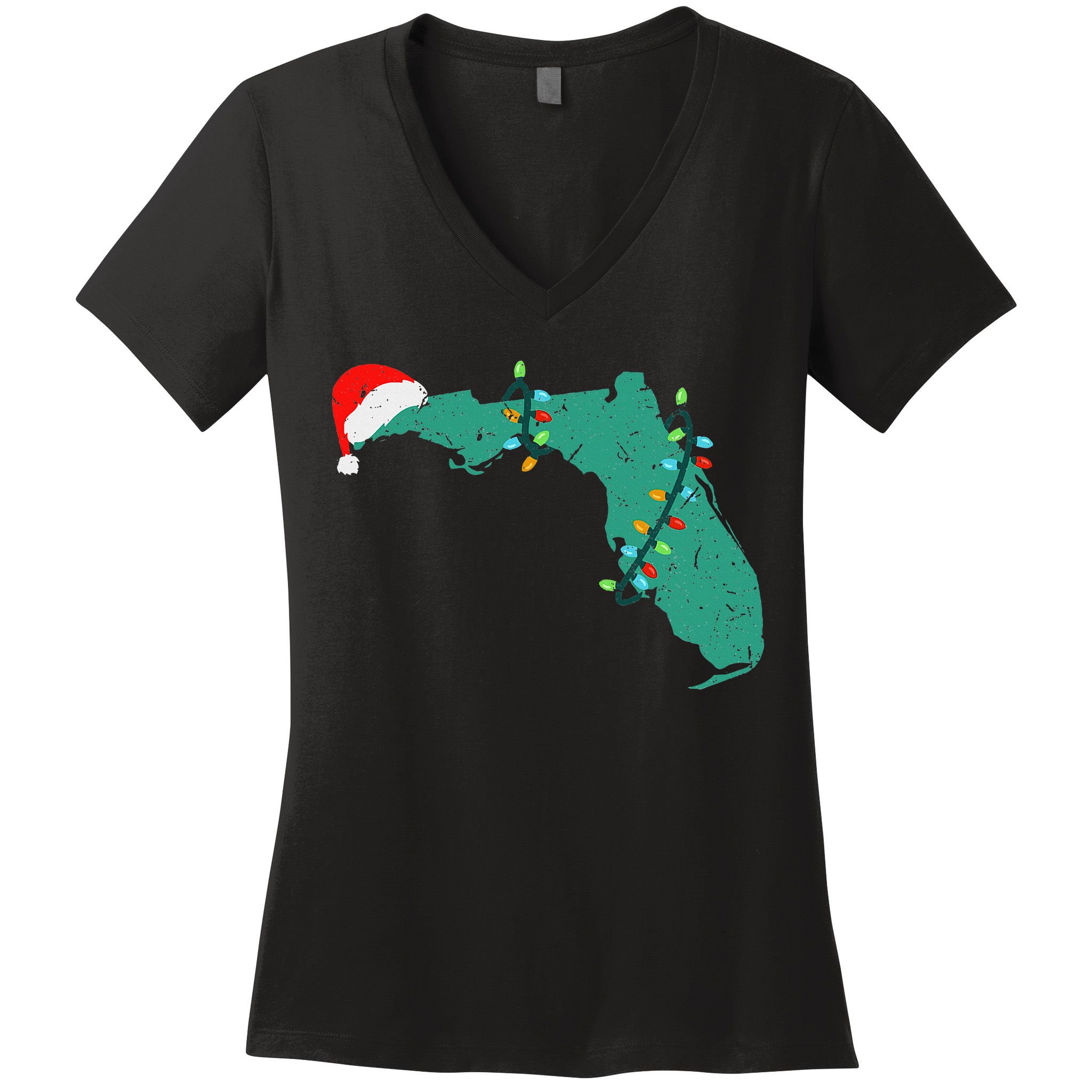 Santa Hat And Lights State Outline Christmas In Florida Women's V-Neck T-Shirt