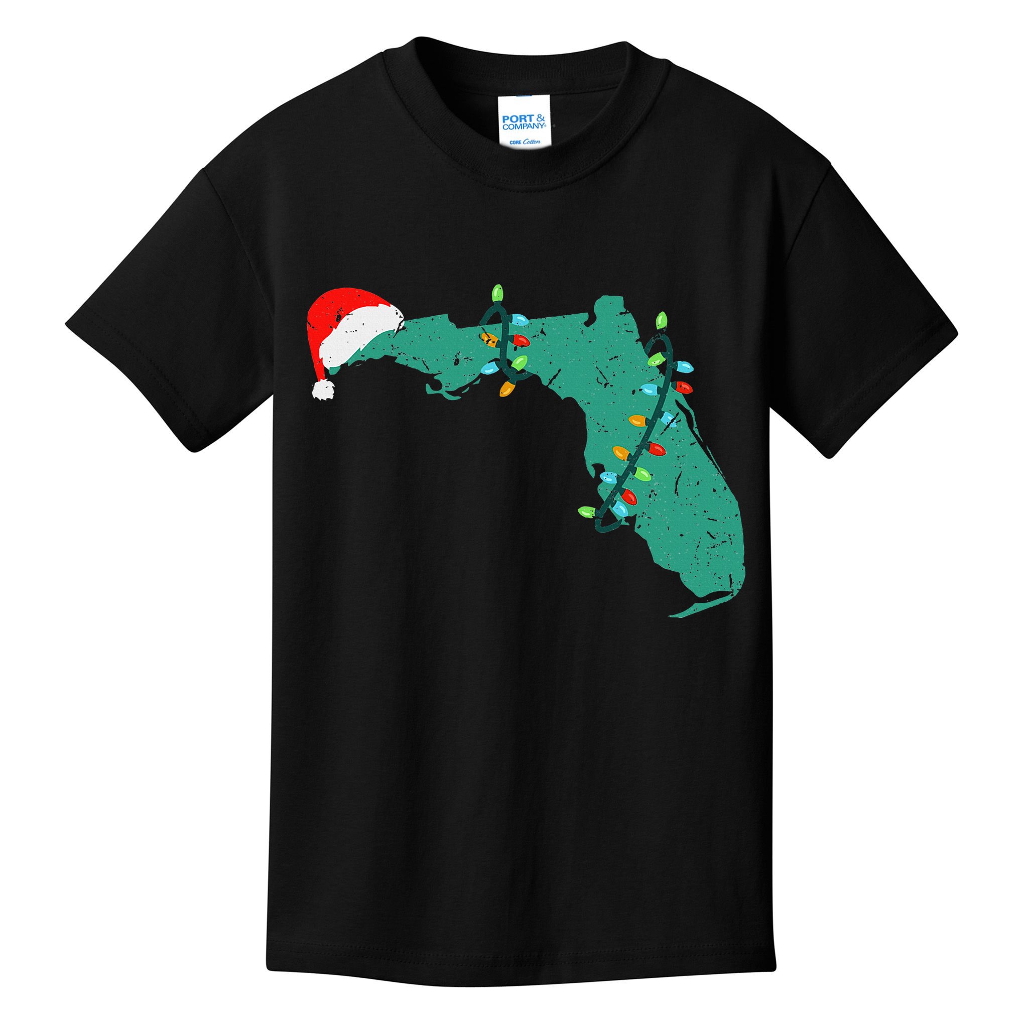 Santa Hat And Lights State Outline Christmas In Florida Kids T-Shirt