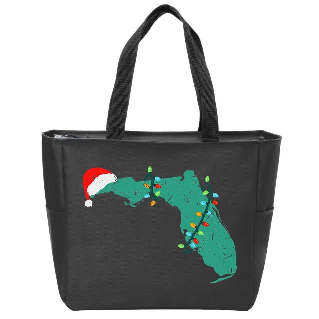 Santa Hat And Lights State Outline Christmas In Florida Zip Tote Bag