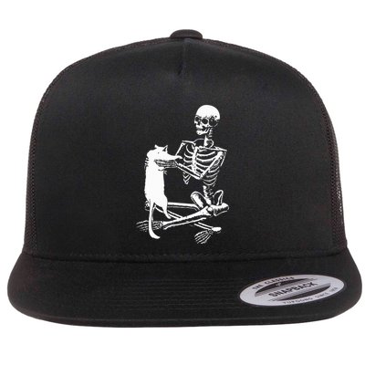 Skeleton Holding A Cat Lazy Halloween Flat Bill Trucker Hat