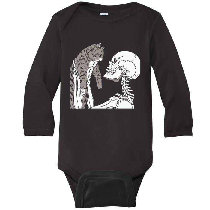 Skeleton Holding A Cat Lazy Halloween Costume Skull Baby Long Sleeve Bodysuit