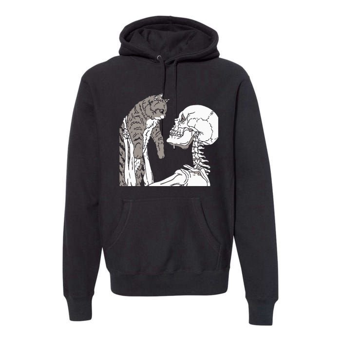 Skeleton Holding A Cat Lazy Halloween Costume Skull Premium Hoodie