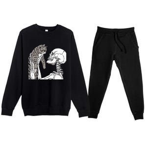 Skeleton Holding A Cat Lazy Halloween Costume Skull Premium Crewneck Sweatsuit Set