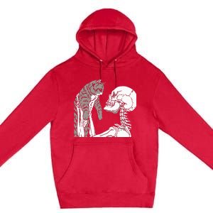 Skeleton Holding A Cat Lazy Halloween Costume Skull Premium Pullover Hoodie