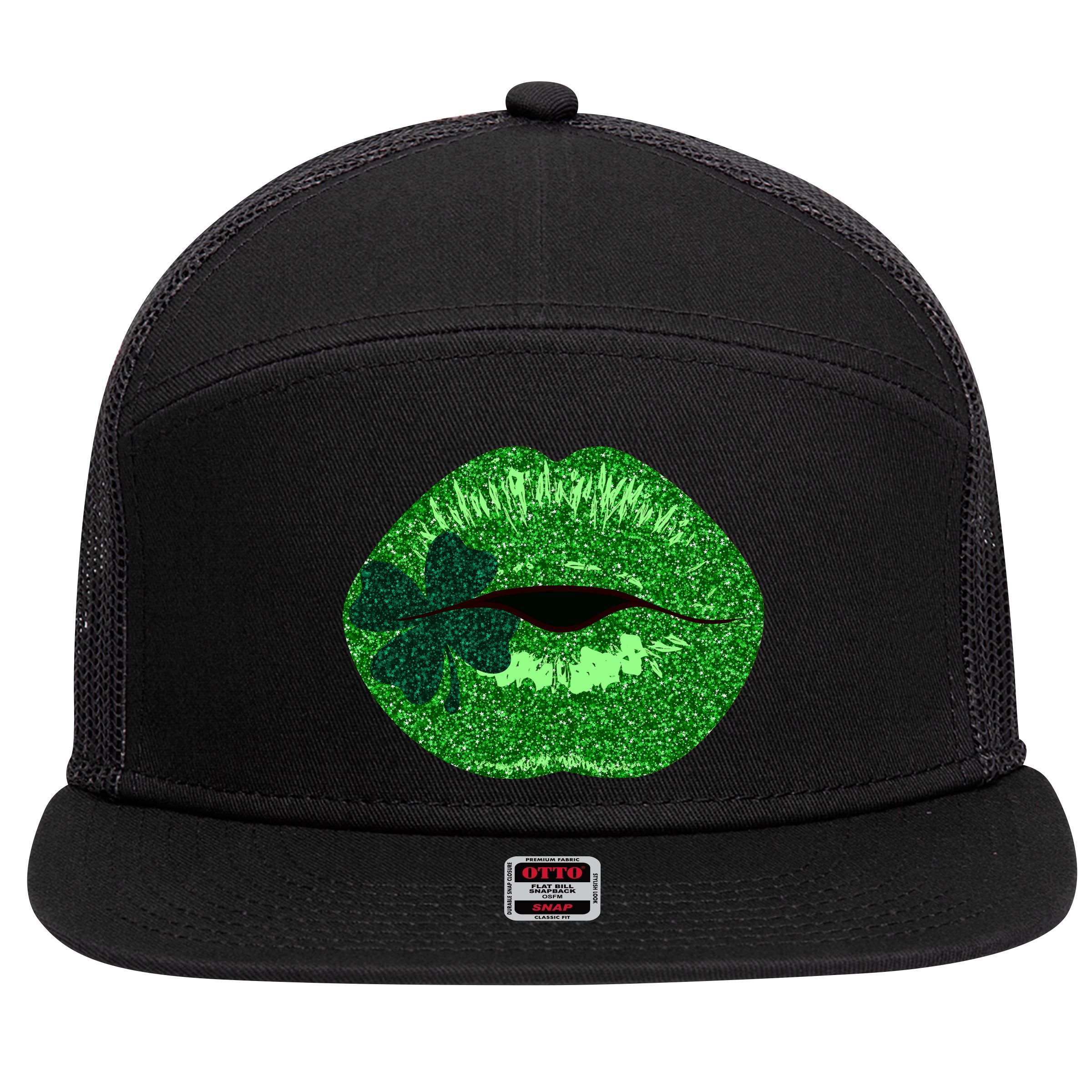 Shamrock Irish Clover Lips 7 Panel Mesh Trucker Snapback Hat