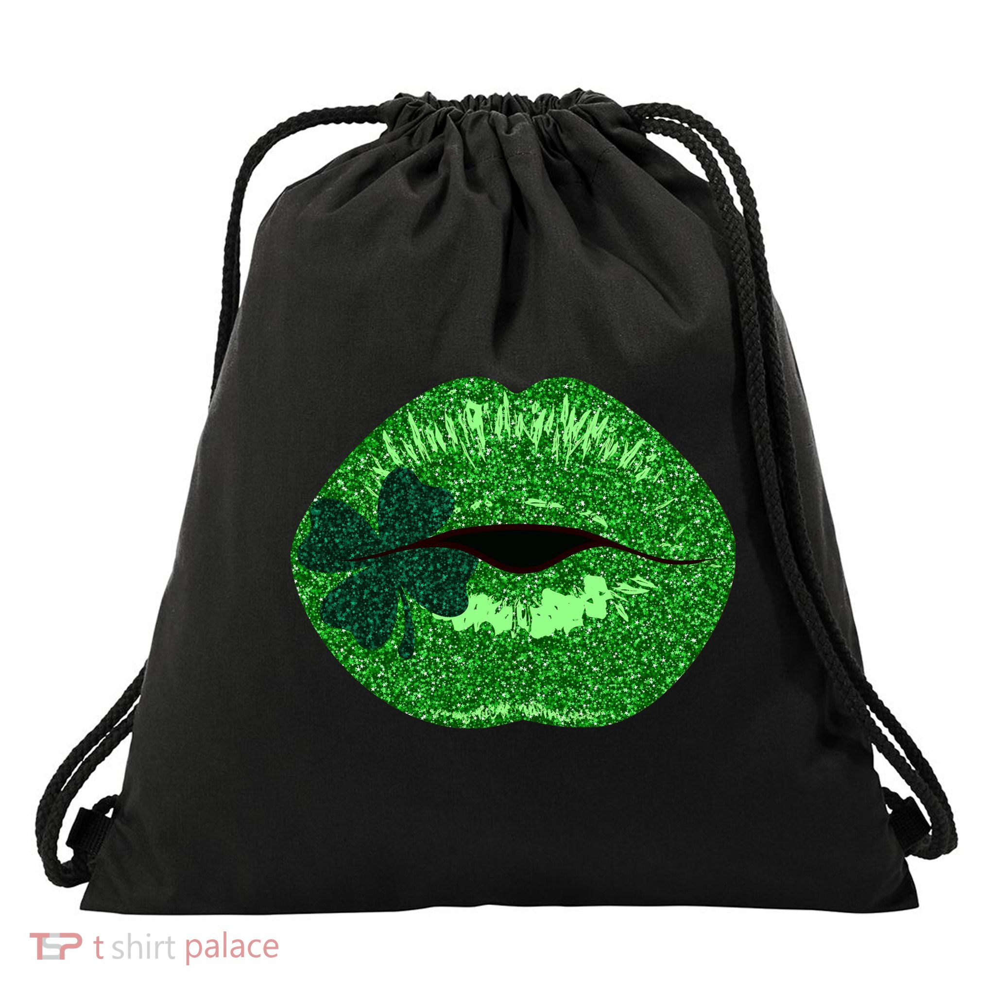 Shamrock Irish Clover Lips Drawstring Bag