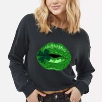 Shamrock Irish Clover Lips Cropped Pullover Crew