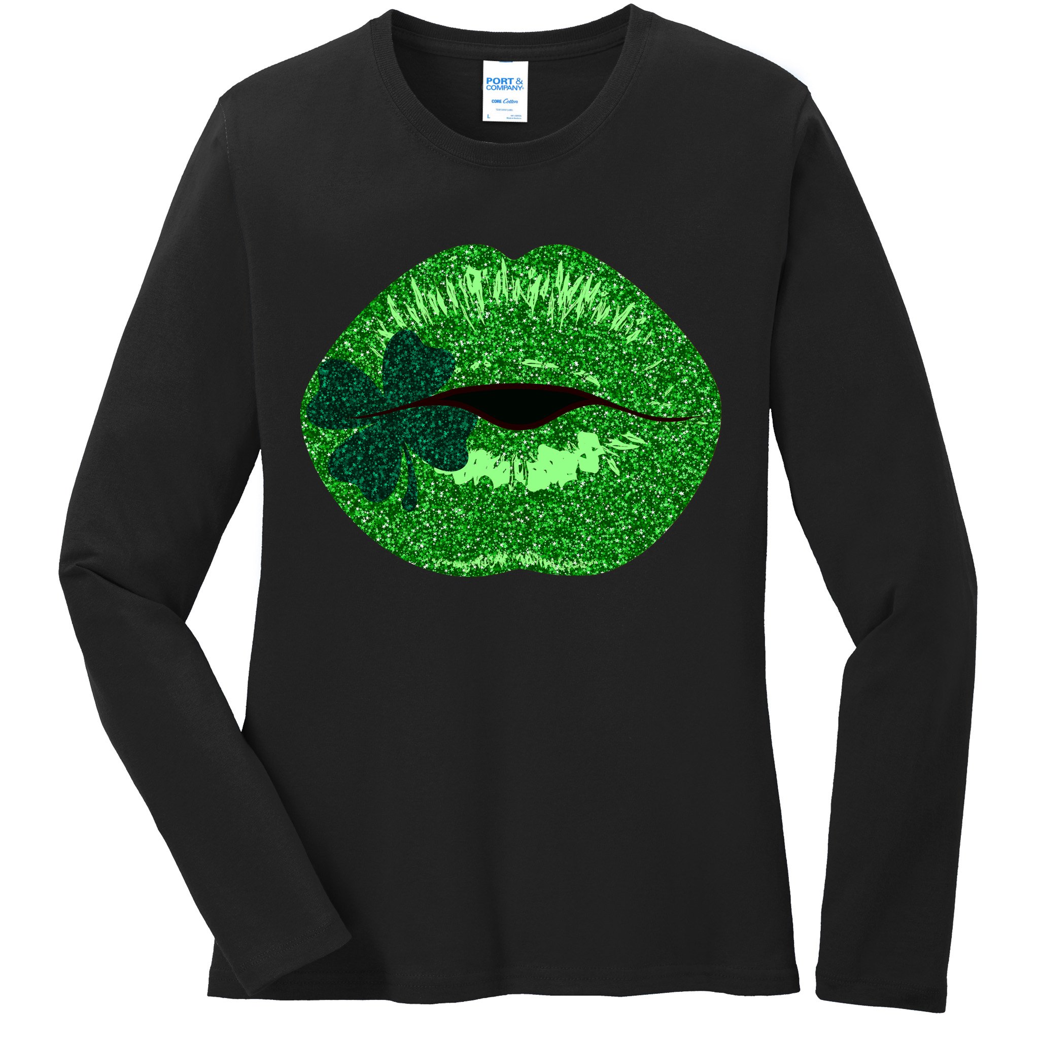 Shamrock Irish Clover Lips Ladies Long Sleeve Shirt
