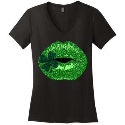 Shamrock Irish Clover Lips Women's V-Neck T-Shirt
