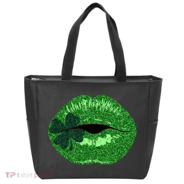 Shamrock Irish Clover Lips Zip Tote Bag
