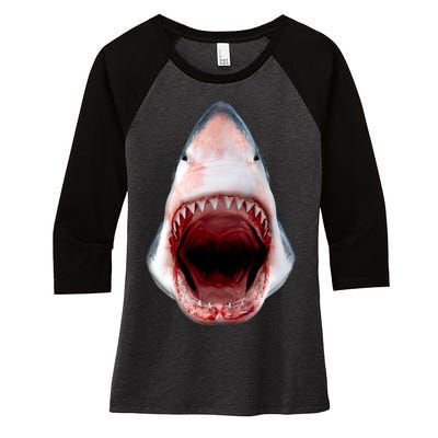 Shark Bite Close Up 3D Women's Tri-Blend 3/4-Sleeve Raglan Shirt