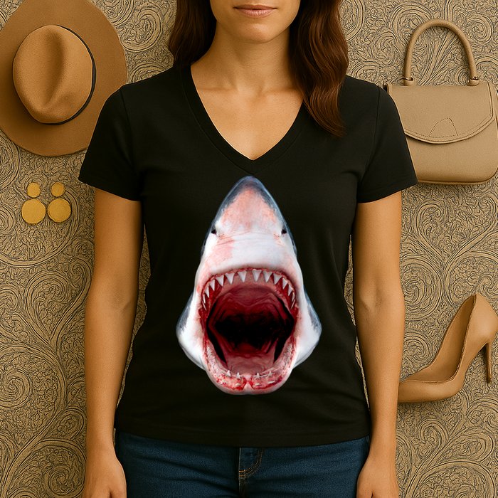 Shark Bite Close Up 3D Women's V-Neck T-Shirt