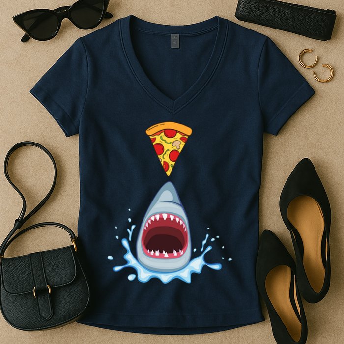 Shark Pizza Attack Women's V-Neck T-Shirt