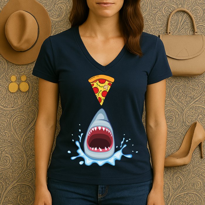 Shark Pizza Attack Women's V-Neck T-Shirt