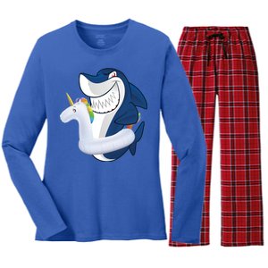 Shark Unicorn Float Pool Party Women's Long Sleeve Flannel Pajama Set 