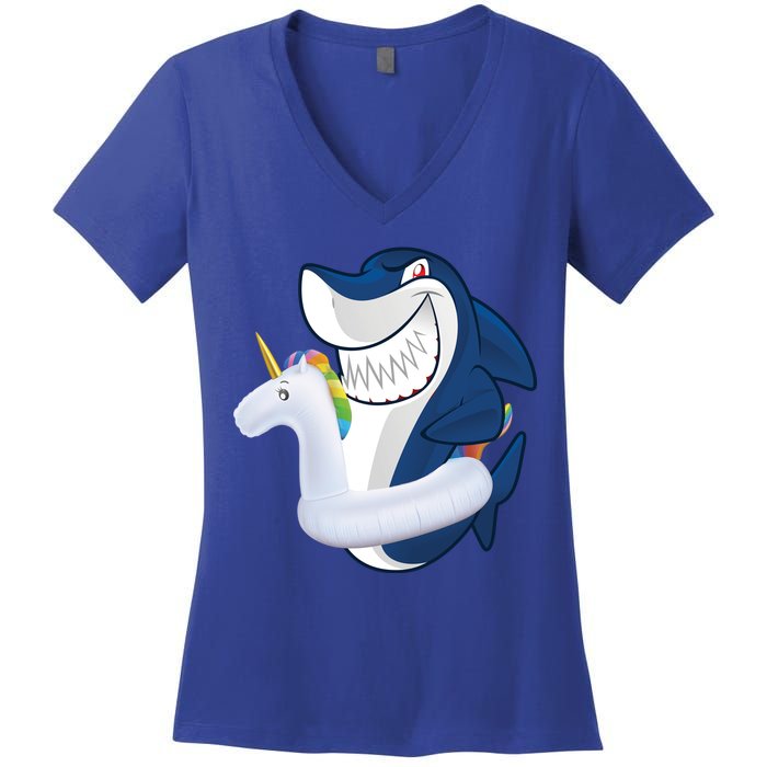 Shark Unicorn Float Pool Party Women's V-Neck T-Shirt