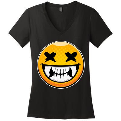 Sharp Toothed Smiley Creepy Emoji Women's V-Neck T-Shirt