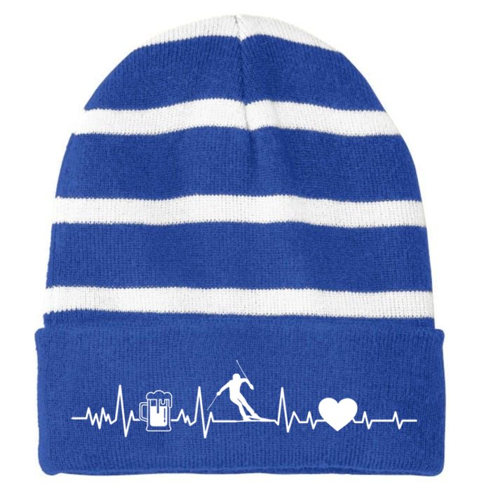 Skiing Heartbeat Beer Skier Skiing Heartbeat Gift Striped Beanie with Solid Band