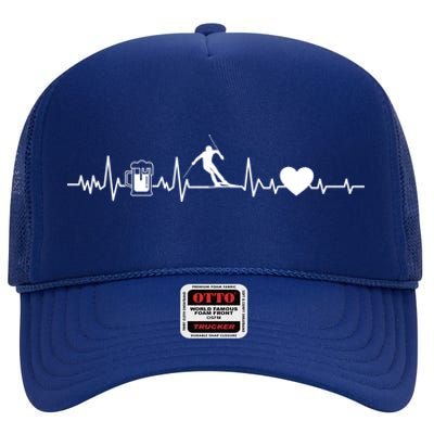 Skiing Heartbeat Beer Skier Skiing Heartbeat Gift High Crown Mesh Back Trucker Hat