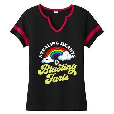 Stealing Hearts & Blasting Farts Funny Rainbow Valentines Ladies Halftime Notch Neck Tee