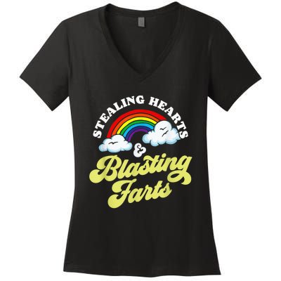 Stealing Hearts & Blasting Farts Funny Rainbow Valentines Women's V-Neck T-Shirt