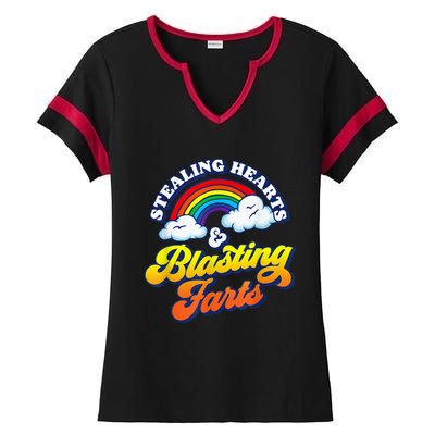 Stealing Hearts & Blasting Farts Funny Rainbow Valentines Ladies Halftime Notch Neck Tee