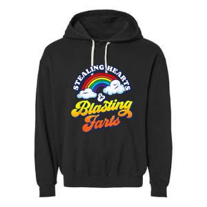 Stealing Hearts & Blasting Farts Funny Rainbow Valentines Garment-Dyed Fleece Hoodie