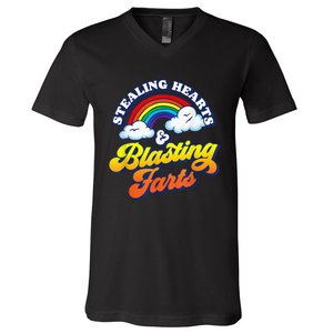 Stealing Hearts & Blasting Farts Funny Rainbow Valentines V-Neck T-Shirt