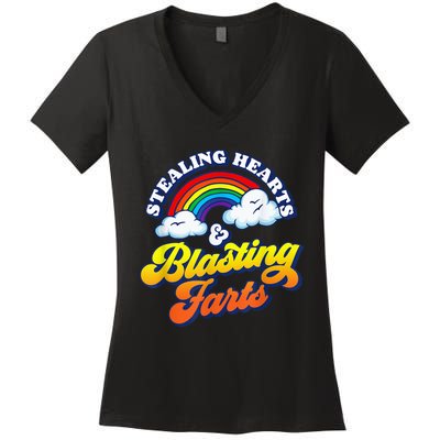 Stealing Hearts & Blasting Farts Funny Rainbow Valentines Women's V-Neck T-Shirt