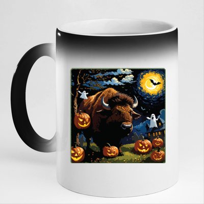 Spooky Halloween Bison Starry Night 11oz Black Color Changing Mug