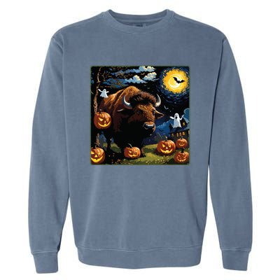 Spooky Halloween Bison Starry Night Garment-Dyed Sweatshirt